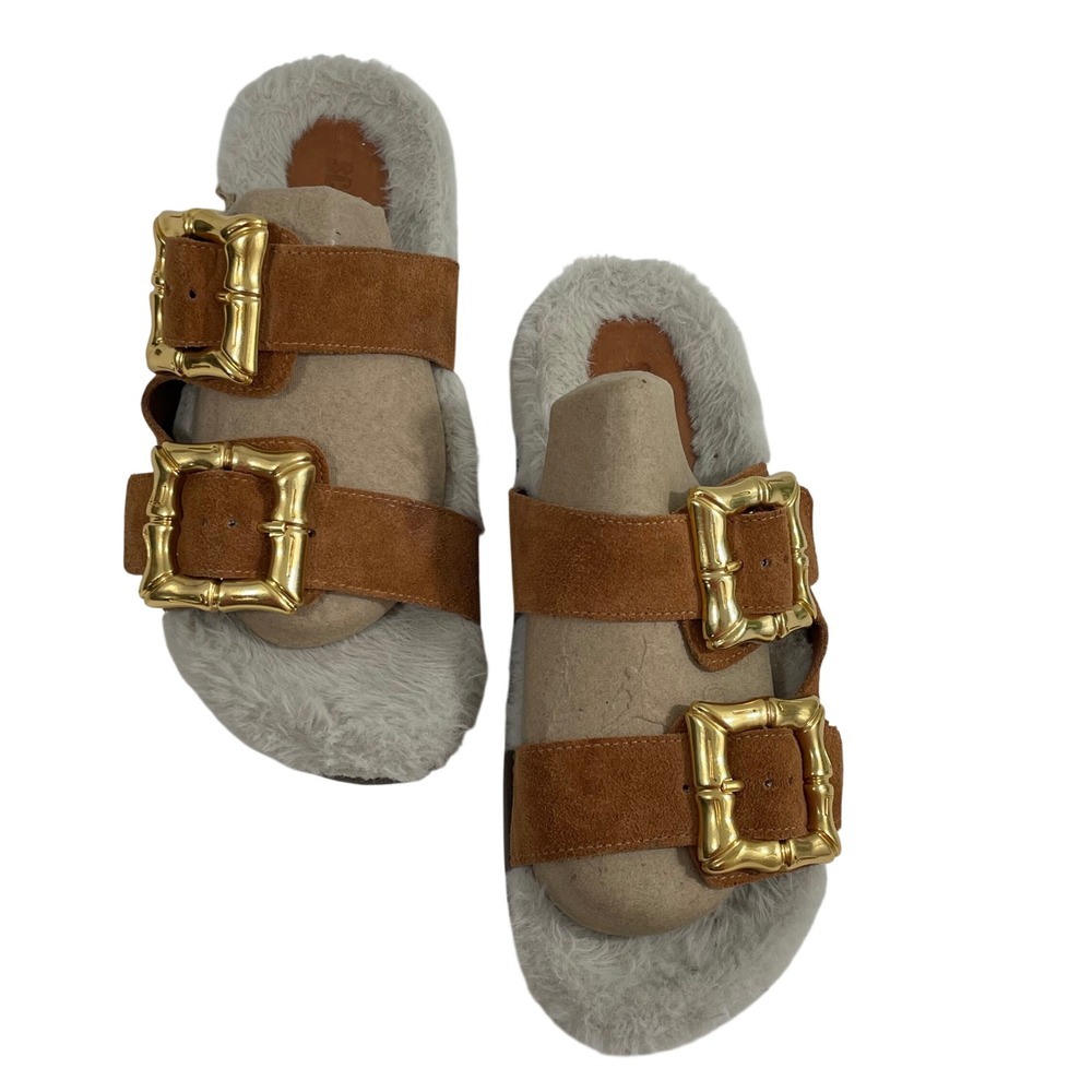 Schutz‎ Enola Weekend Sporty Cow Suede Sandal Slides 6B Shearling Women's Shoes